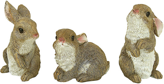 QM92008 Bunny Den Rabbits Indoor/Outdoor Set of Three Garden Animal Statues, 5 Inches Tall, Handcast Polyresin, Full Color Finish
