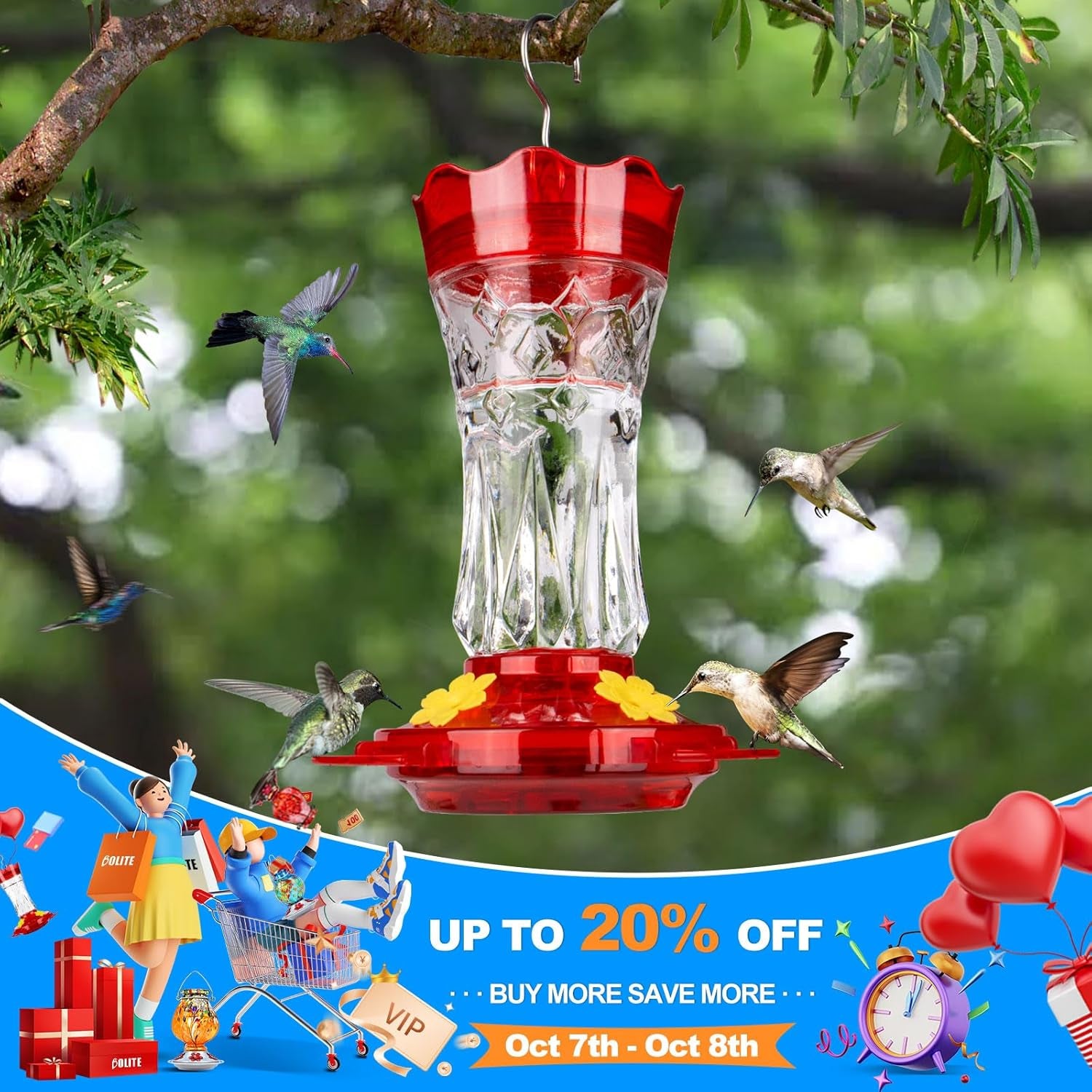 Glass Hummingbird Feeders for Outdoors Hanging, Built-In Ant Moat, 4 Bee Guard Feeding Ports with Perches, Leak Proof, 15 Ounces, Stars Decor, Red, Gifts for Women Men, Gifts for Mom Dad