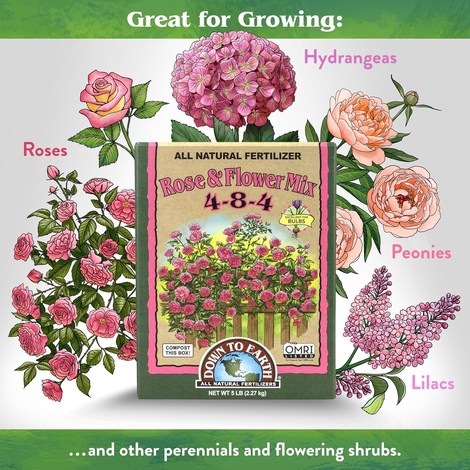 Rose & Flower Mix 4-8-4, 5 Lb Box Organic Plant Food for Roses, Bulbs, Flowers and Ornamentals