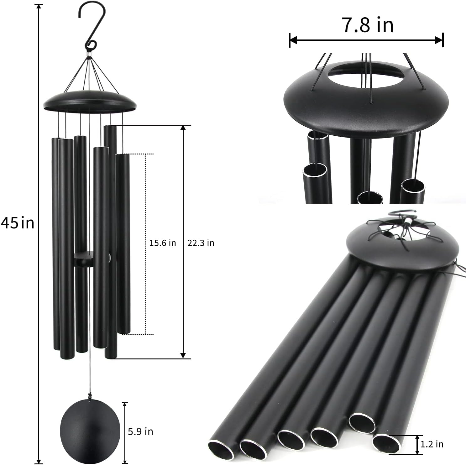 45 in Memorial Wind Chimes Large with 6 Heavy Tubes, Large Deep Tone Wind Chimes Outdoor for Garden Hanging Décor,Sympathy Gifts. Black