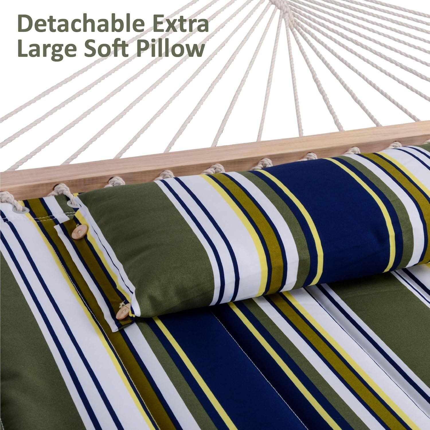 Double Hammock, Extra Large Quilted Fabric Swing with Hardwood Spreader Bars & Detachable Pillow, Heavy Duty, Perfect for Indoor/Outdoor Patio, Deck, Yard, Blue&Aqua