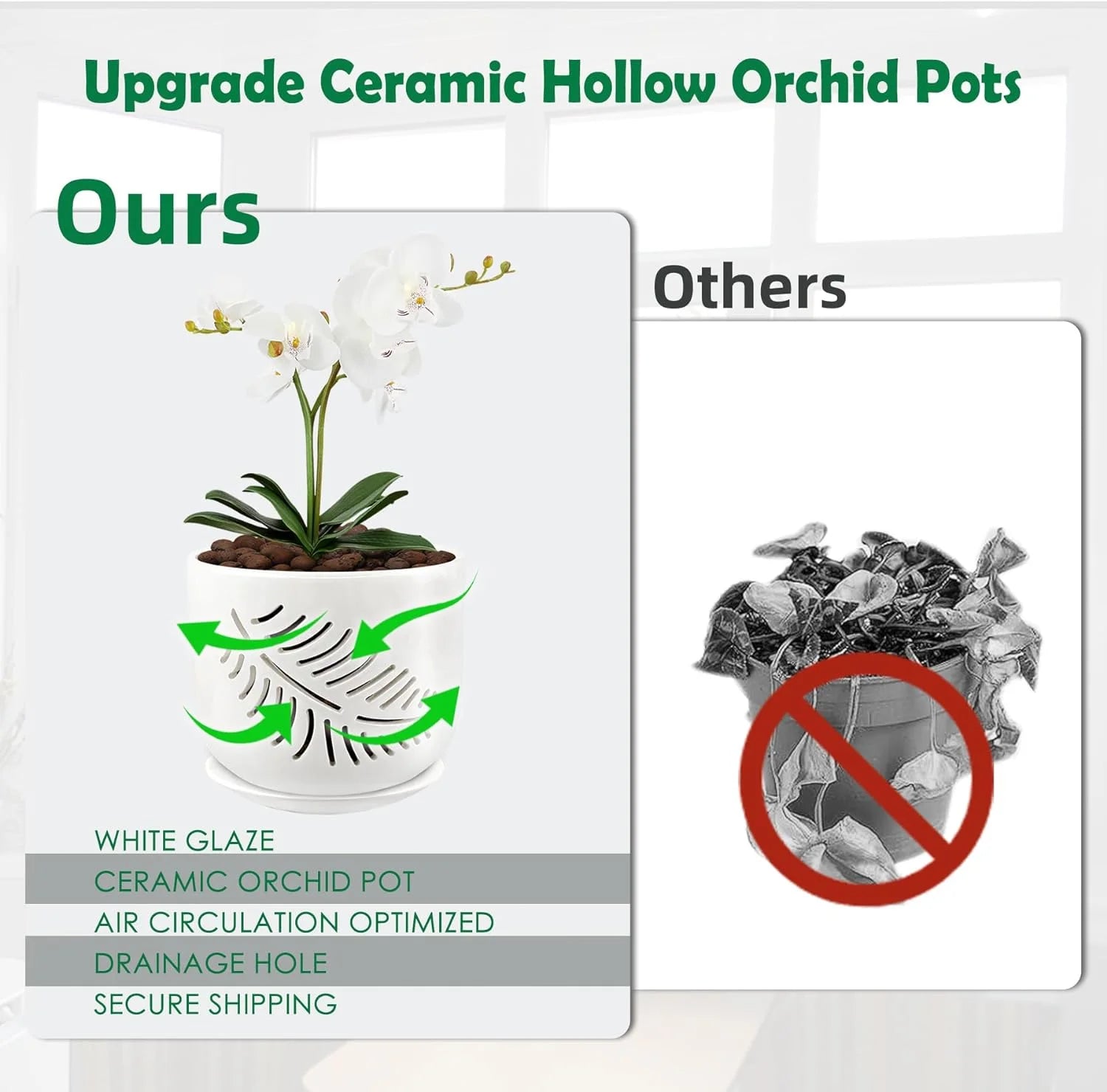Ceramic Orchid Pots, 6+5 Inch Orchid Pots with Holes,Orchid Pots for Repotting,Healthy Air Circulation Plant Pots for Plant Lovers,Planters for Indoor/Outdoor Plants -2 Pack
