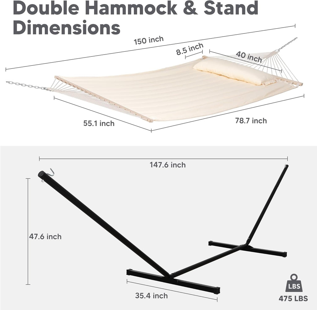 Hammocks Extra Large Double Hammock with 12 Ft Stand, 475Lbs Capacity, Outdoor Portable Hammock with Hardwood Spreader Bar, Extra Large Pillow, Beige