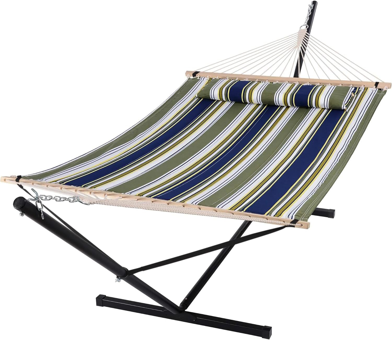 Double Hammock, Extra Large Quilted Fabric Swing with Hardwood Spreader Bars & Detachable Pillow, Heavy Duty, Perfect for Indoor/Outdoor Patio, Deck, Yard, Blue&Aqua