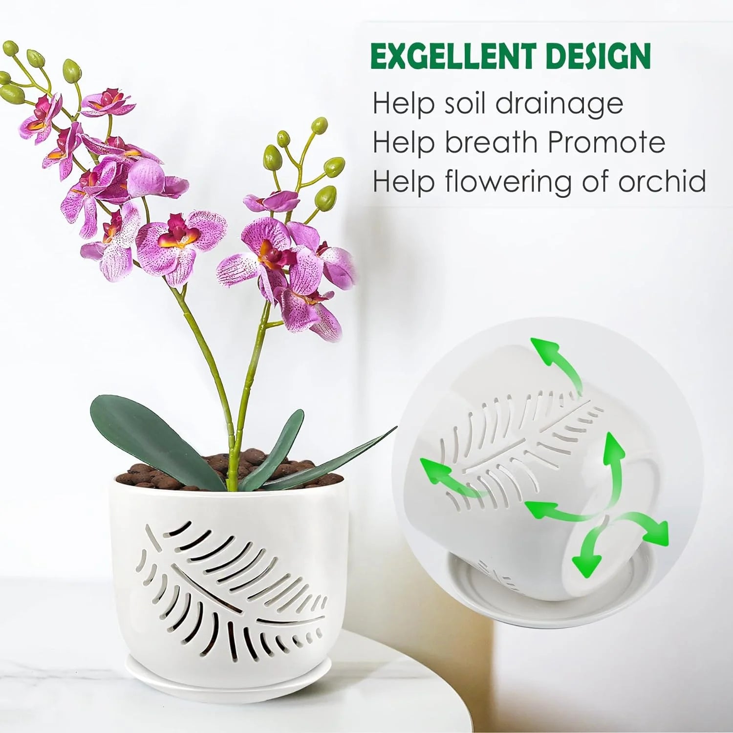 Ceramic Orchid Pots, 6+5 Inch Orchid Pots with Holes,Orchid Pots for Repotting,Healthy Air Circulation Plant Pots for Plant Lovers,Planters for Indoor/Outdoor Plants -2 Pack