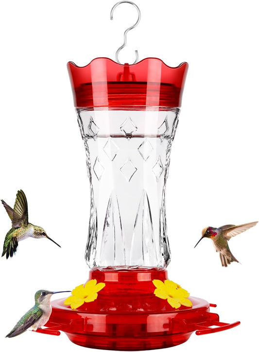 Glass Hummingbird Feeders for Outdoors Hanging, Built-In Ant Moat, 4 Bee Guard Feeding Ports with Perches, Leak Proof, 15 Ounces, Stars Decor, Red, Gifts for Women Men, Gifts for Mom Dad