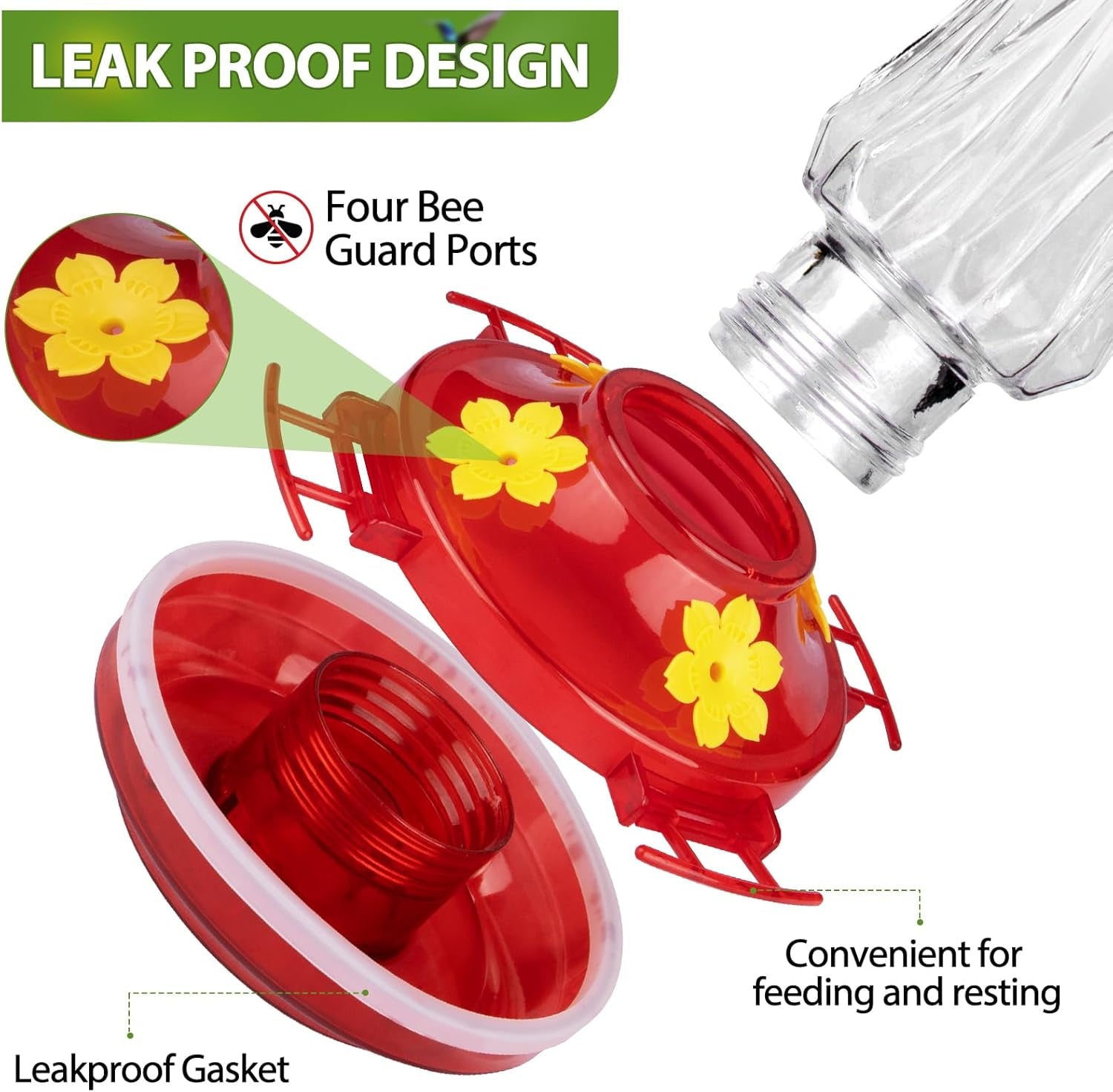 Glass Hummingbird Feeders for Outdoors Hanging, Built-In Ant Moat, 4 Bee Guard Feeding Ports with Perches, Leak Proof, 15 Ounces, Stars Decor, Red, Gifts for Women Men, Gifts for Mom Dad