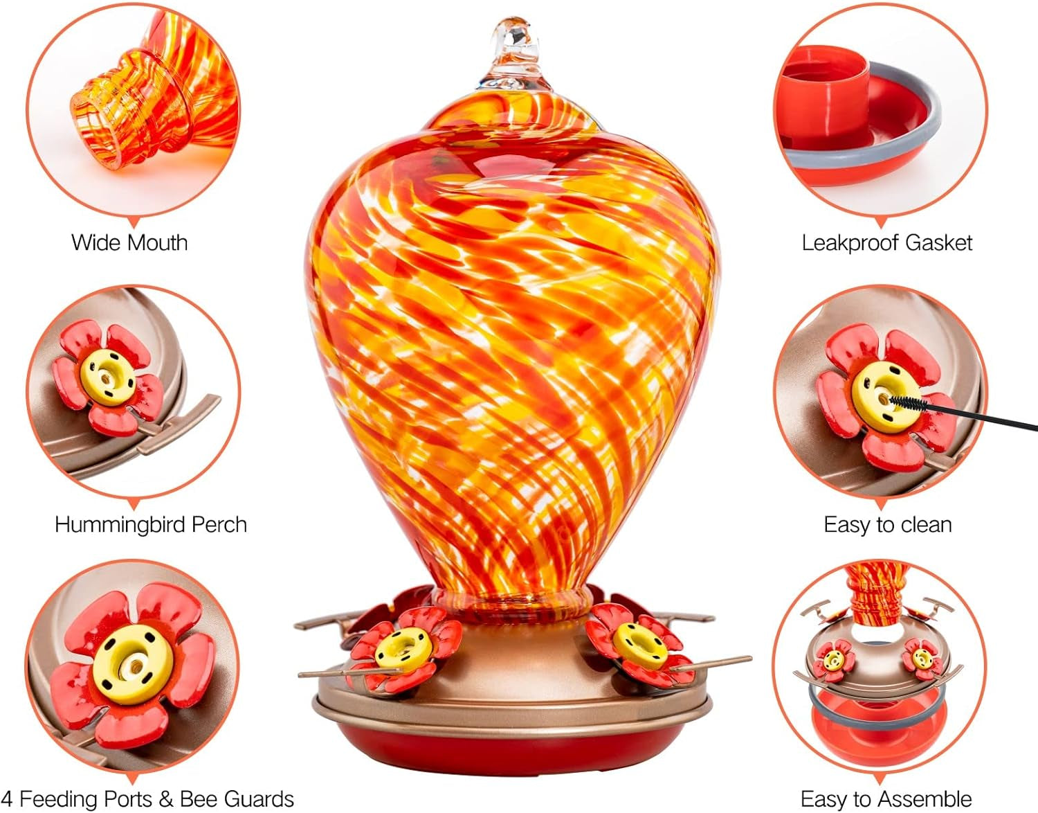 Hummingbird Feeders for Outdoors Hanging, Blown Glass Hummingbird Feeder, Hummingbird Gifts for Mom, Garden Backyard Decor for Outside, Unique Gifts Idea for Women, 34OZ, Daylight