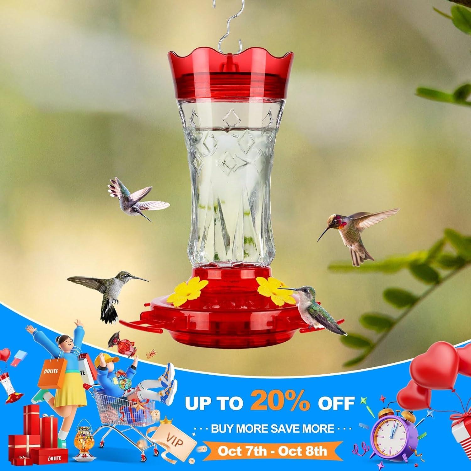 Glass Hummingbird Feeders for Outdoors Hanging, Built-In Ant Moat, 4 Bee Guard Feeding Ports with Perches, Leak Proof, 15 Ounces, Stars Decor, Red, Gifts for Women Men, Gifts for Mom Dad