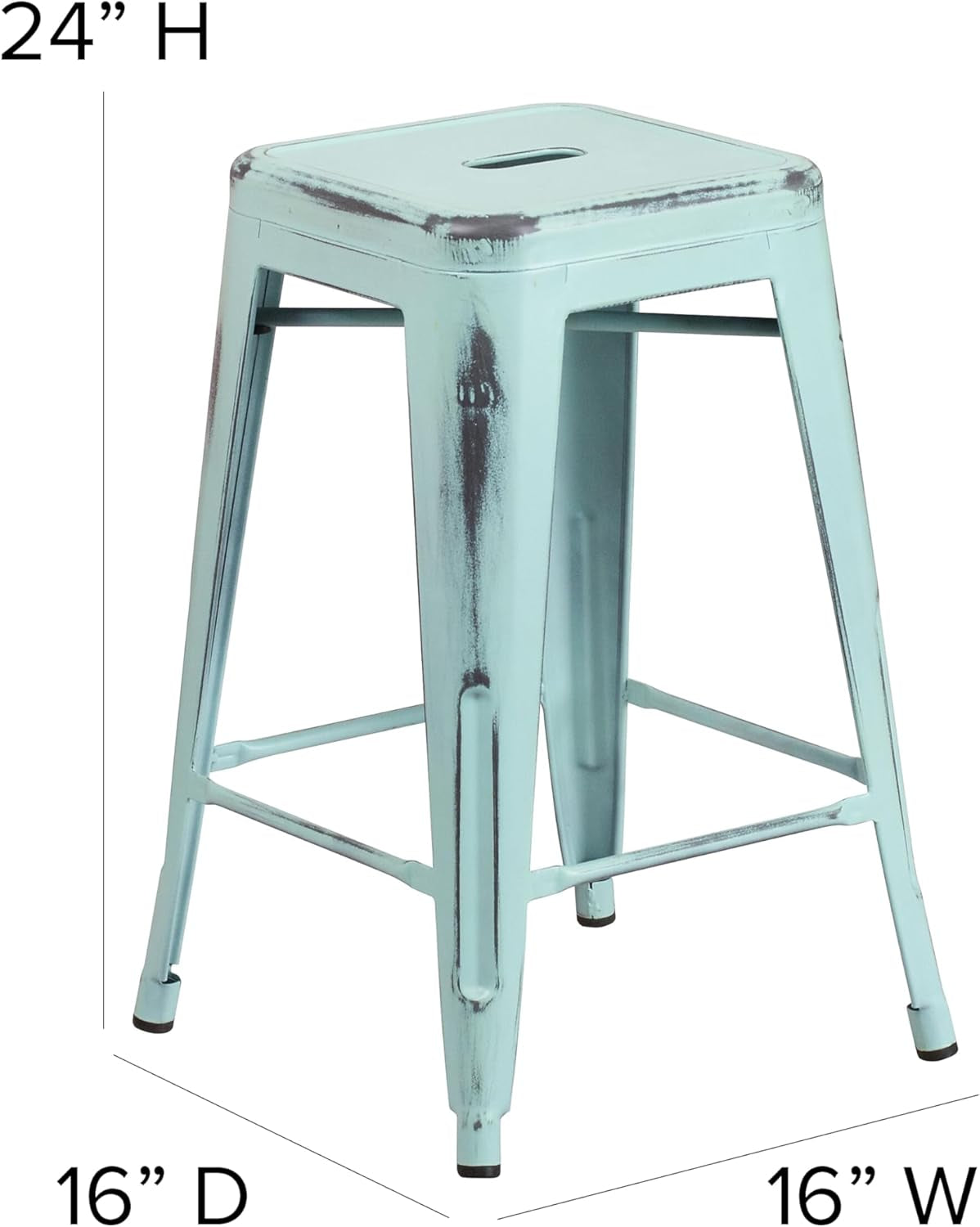 Commercial Grade 24" High Backless Distressed Green-Blue Metal Indoor-Outdoor Counter Height Stool