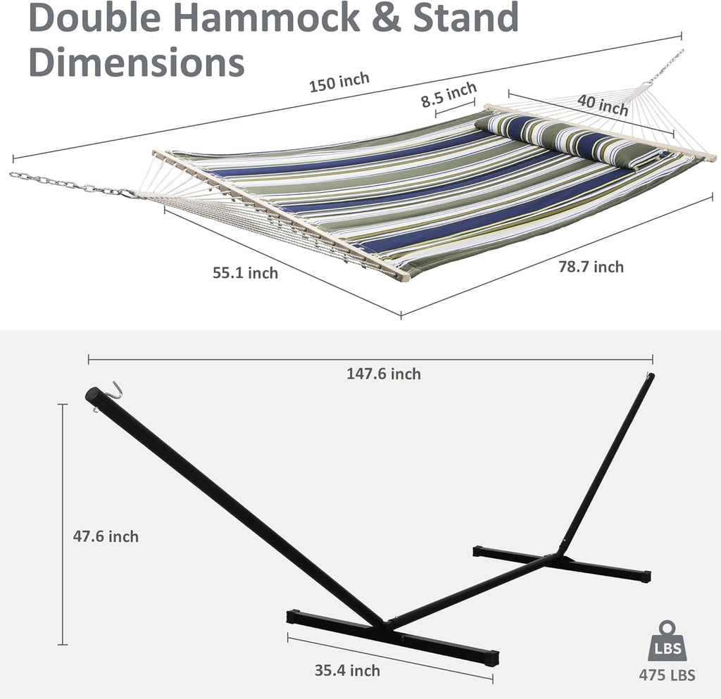Double Hammock, Extra Large Quilted Fabric Swing with Hardwood Spreader Bars & Detachable Pillow, Heavy Duty, Perfect for Indoor/Outdoor Patio, Deck, Yard, Blue&Aqua