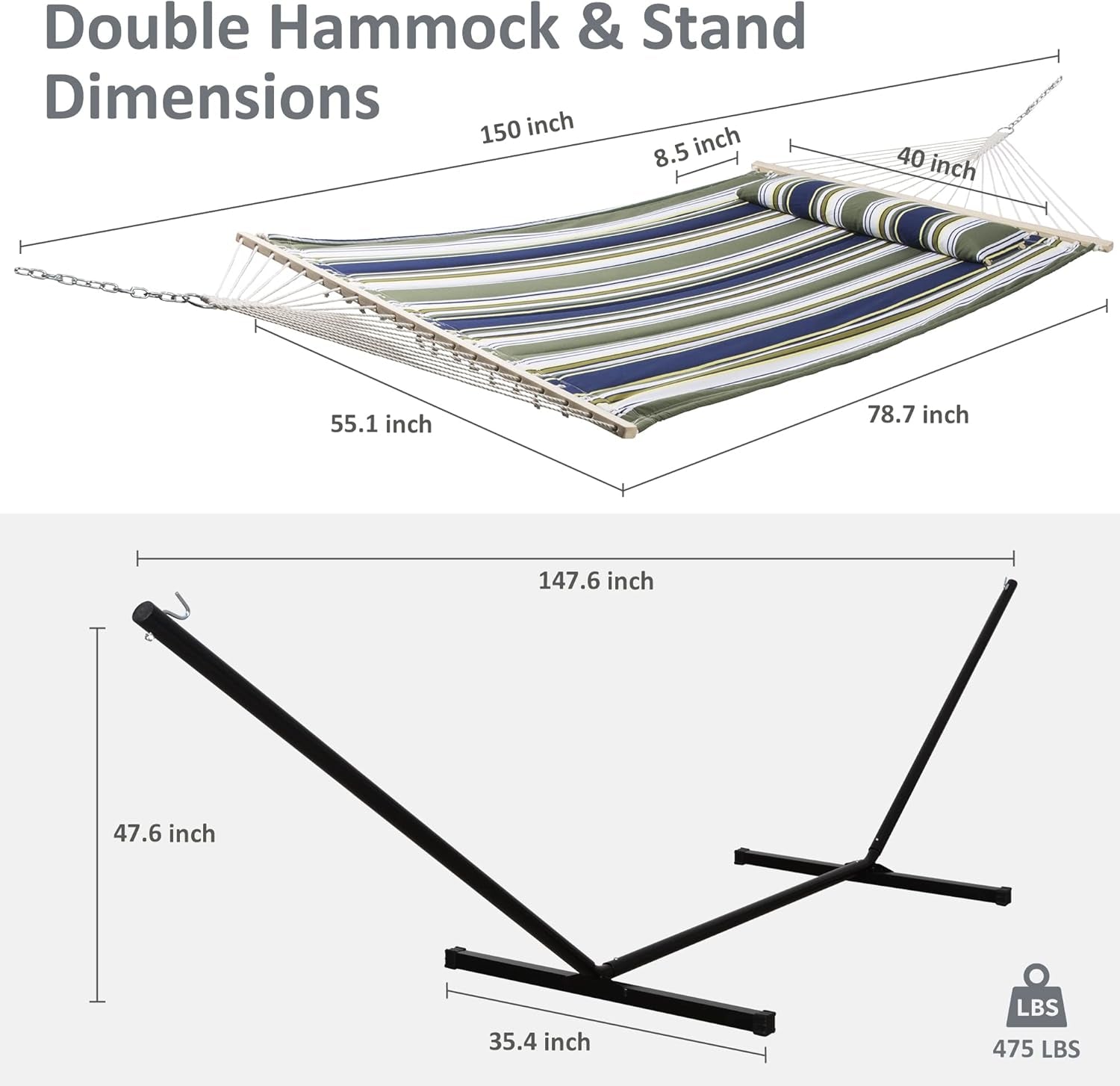 Double Hammock, Extra Large Quilted Fabric Swing with Hardwood Spreader Bars & Detachable Pillow, Heavy Duty, Perfect for Indoor/Outdoor Patio, Deck, Yard, Blue&Aqua