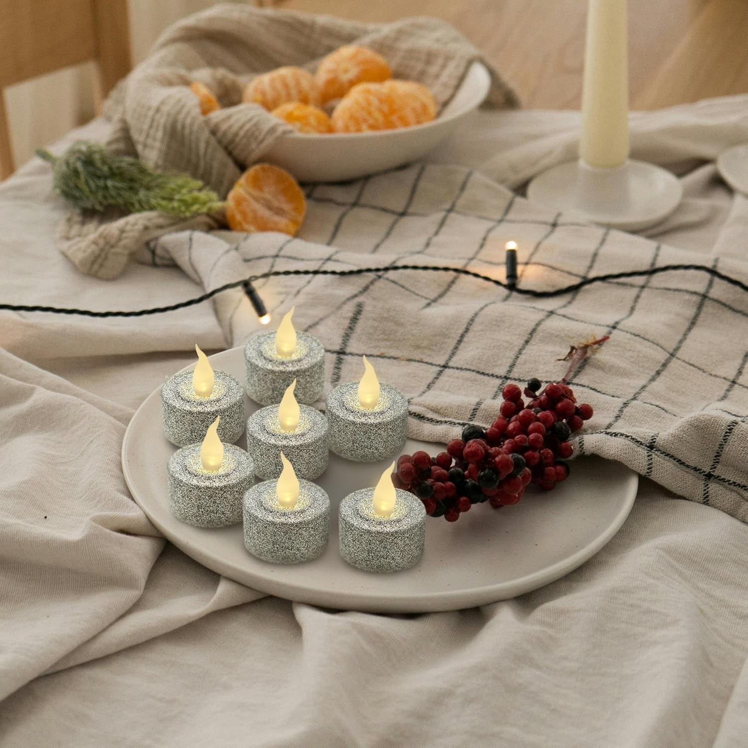 Silver Glitter LED Tealight Candles Pack of 12, Flameless Flickering Tealight Candles for Home Décor, 1.5’’(W) X 1.65’’(H), Battery Operated
