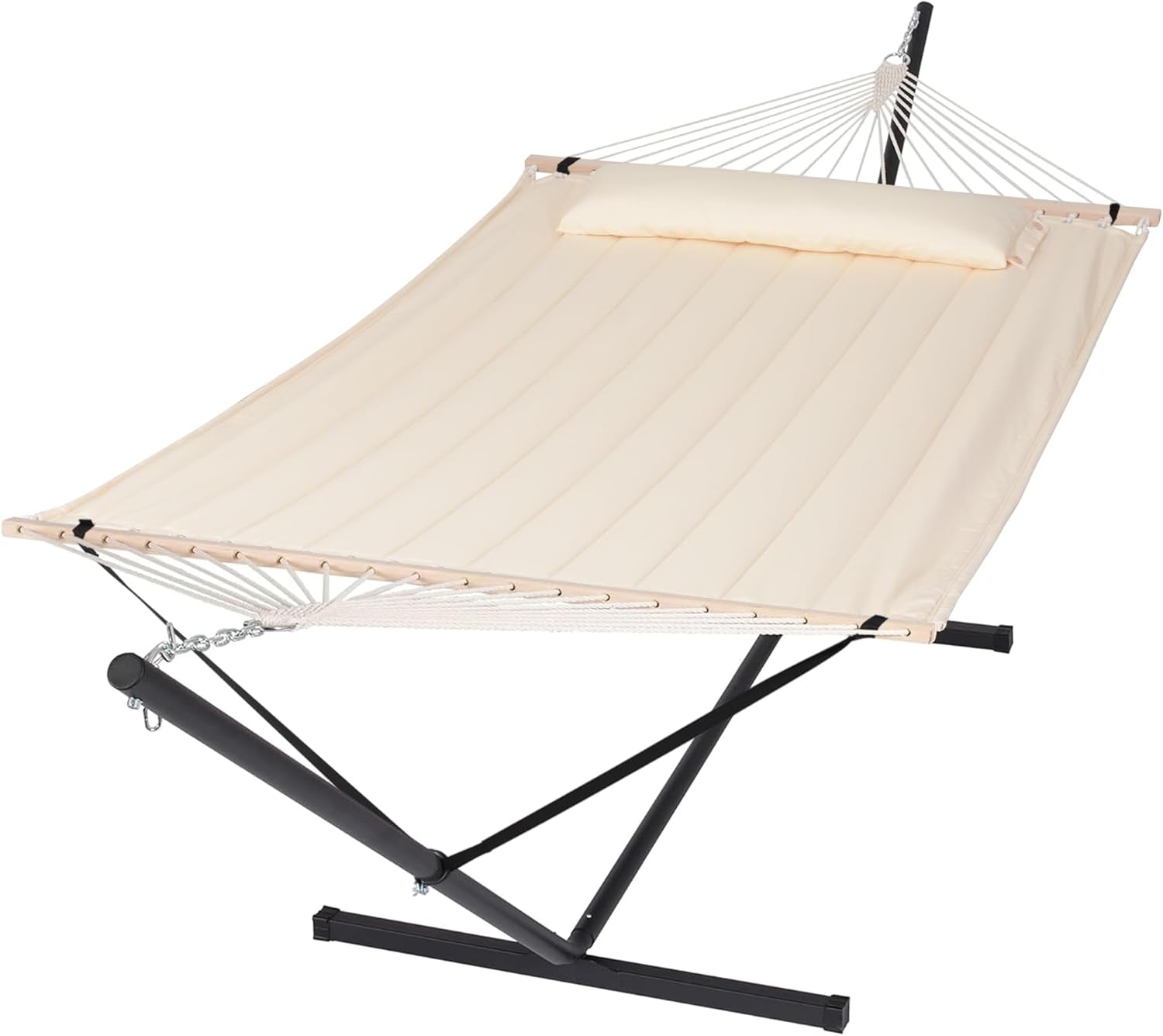 Hammocks Extra Large Double Hammock with 12 Ft Stand, 475Lbs Capacity, Outdoor Portable Hammock with Hardwood Spreader Bar, Extra Large Pillow, Beige