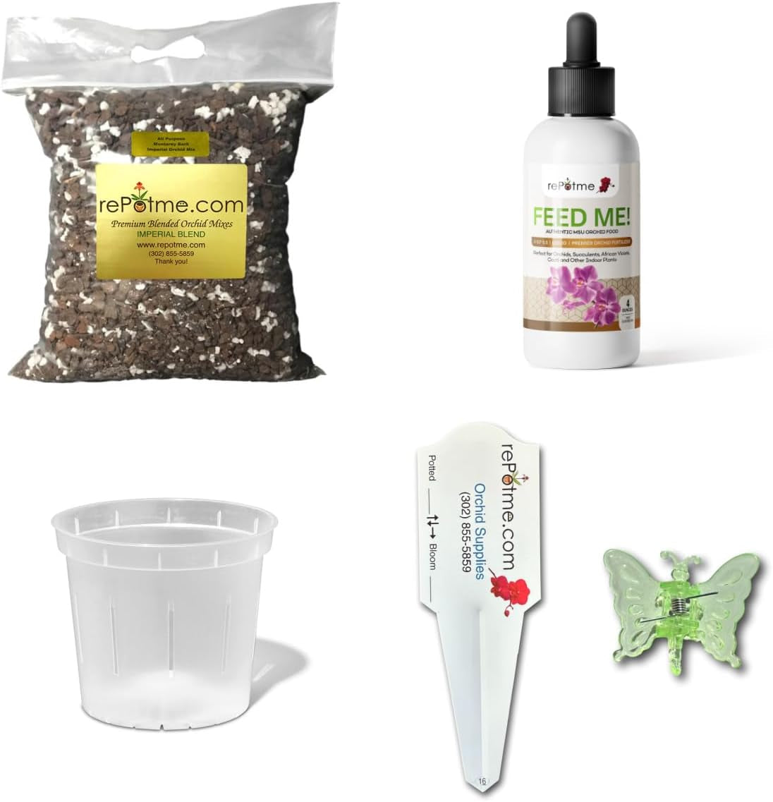 Deluxe Orchid Starter Kit - Orchid Bark - (Includes All Purpose Orchid Potting Mix, Orchid Fertilizer, plus a 5 Inch Orchid Pot, Flower Clip, and Plant Label)